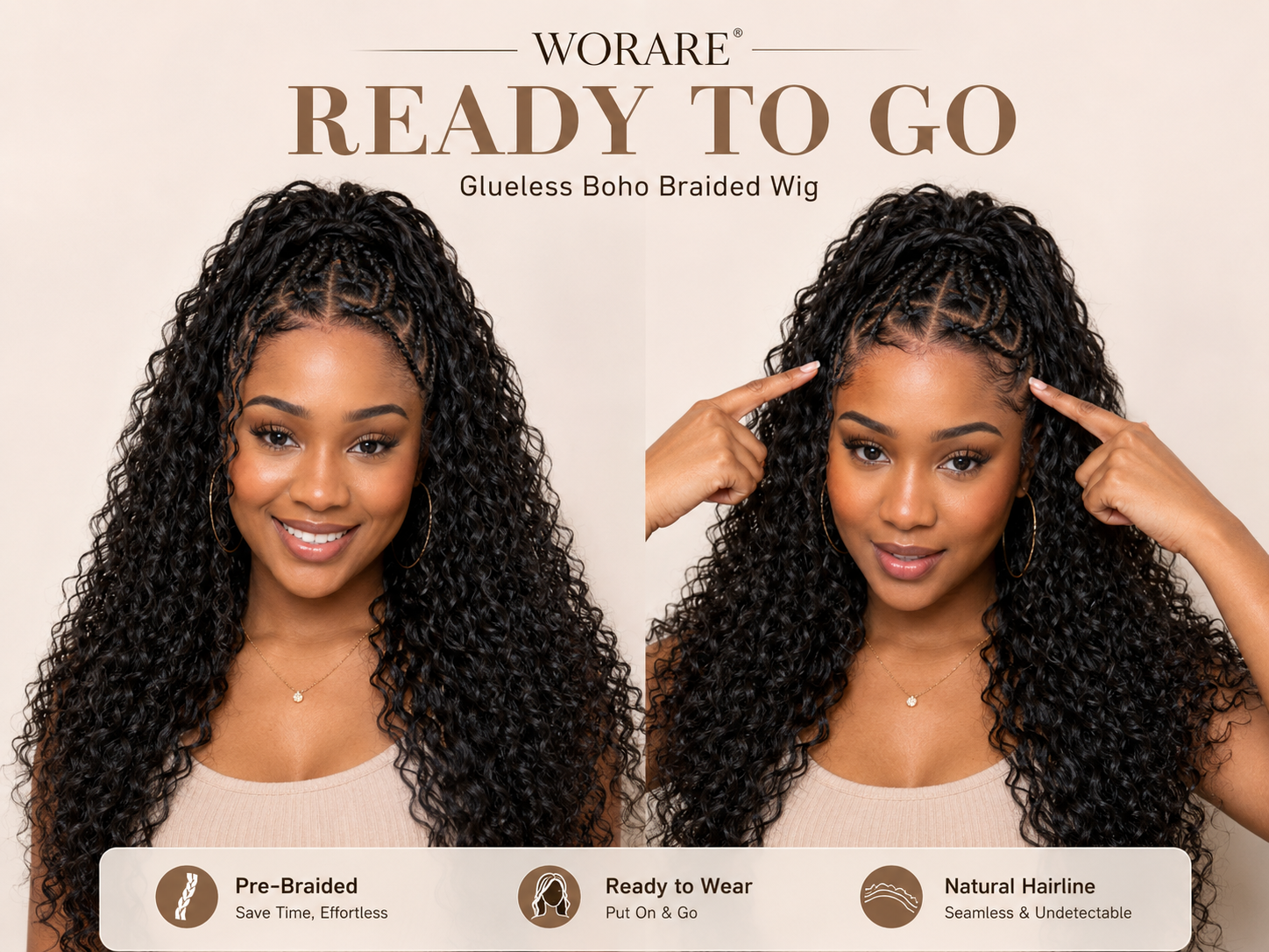 WORARE™ Ready-to-Wear Glueless Boho Braided Human Hair Wig – HD 13×6 Lace Frontal