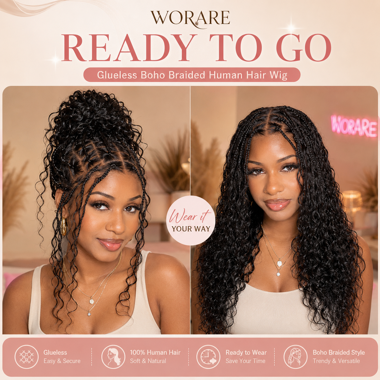 WORARE™ Ready-to-Wear Glueless Boho Braided Human Hair Wig – HD 13×6 Lace Frontal