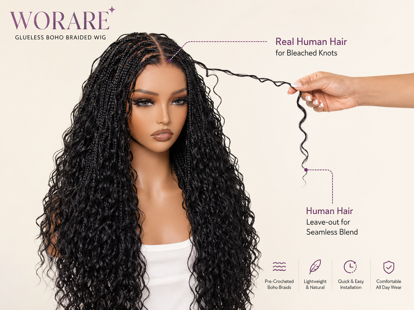 WORARE™ Ready-to-Wear Glueless Boho Braided Human Hair Wig – HD 13×6 Lace Frontal