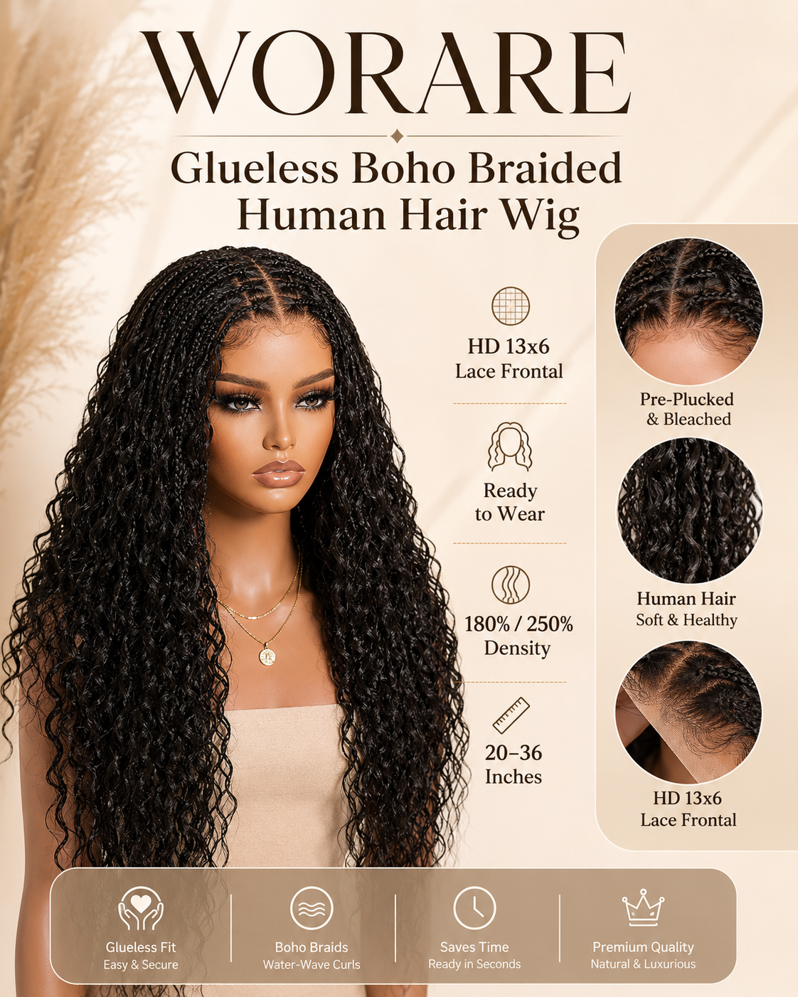WORARE™ Ready-to-Wear Glueless Boho Braided Human Hair Wig – HD 13×6 Lace Frontal