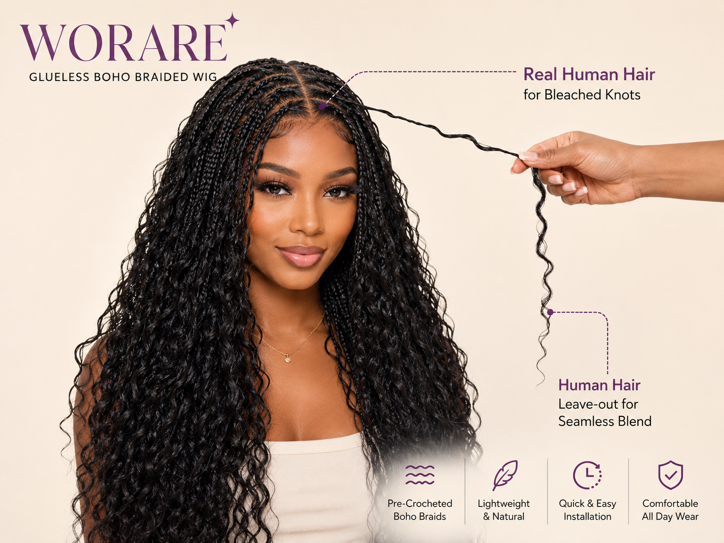 WORARE™ Ready-to-Wear Glueless Boho Braided Human Hair Wig – HD 13×6 Lace Frontal